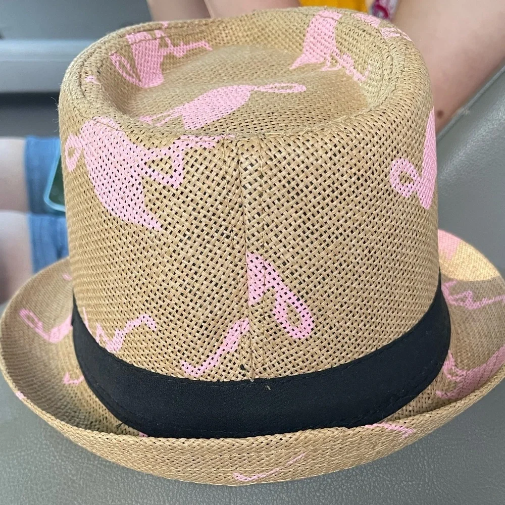 Boys Toddler Hat Tan Fedora with Pink flamingos 4 and under EUC